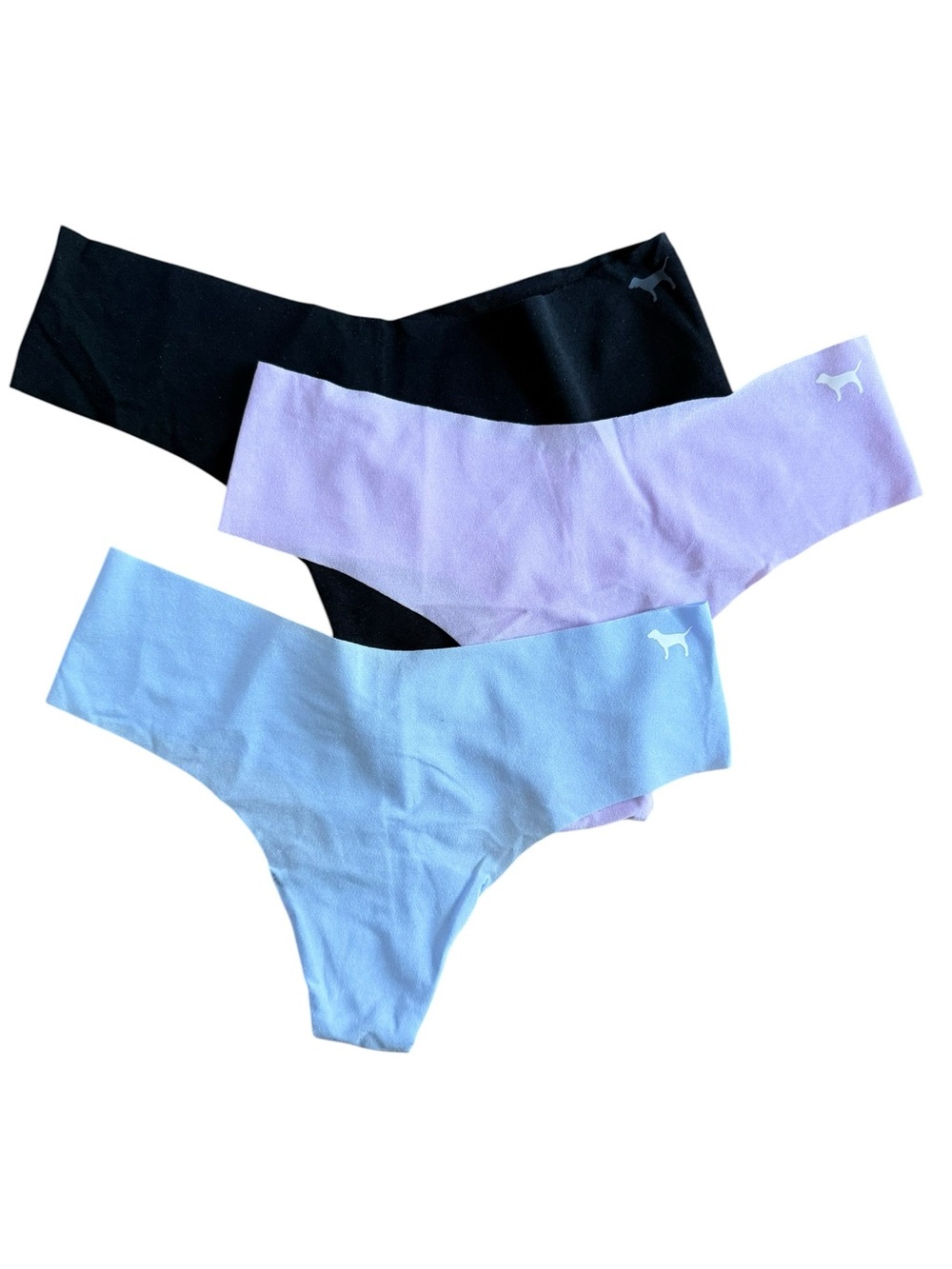 PINK Victoria’s Secret No Show Thong Panties Lot of 3 XS Black Lavender Blue
